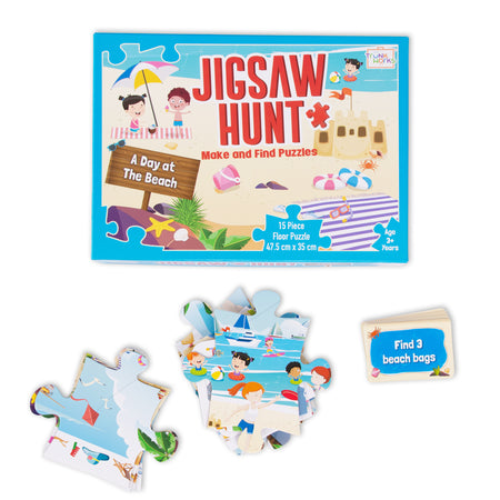 Jigsaw Hunt – A Day at the Beach | Make and Find 15-Piece Floor Puzzle for Kids Ages 3+ | Fun & Educational Scavenger Hunt Game | Develops Observation & Problem-Solving Skills